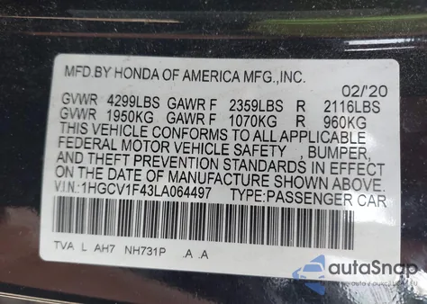 2020 Honda Accord Ex from USA, damaged, VIN 1HGCV1F43LA064497